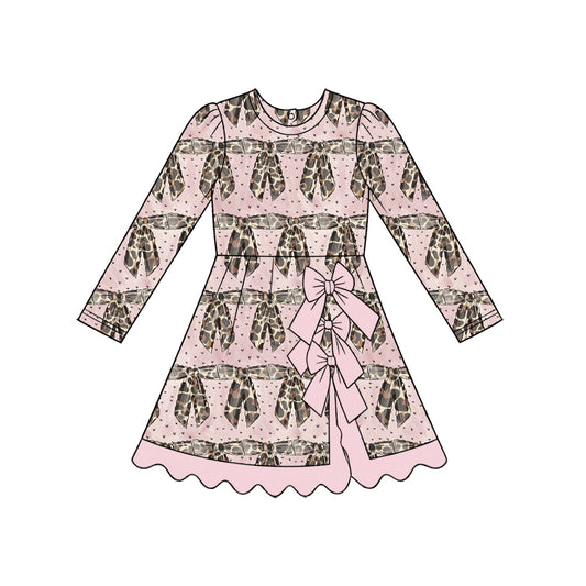 Preorder (moq 5) Baby Girl Clothes Pink Leopard Bow Heart Allover Print Long Sleeve Big Bow Scalloped Hem Dress