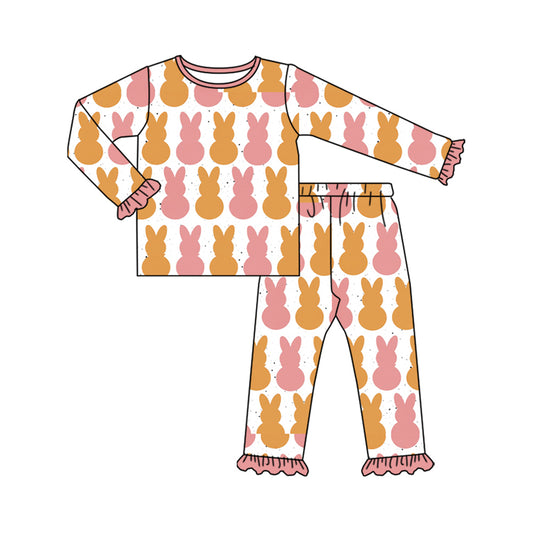 Preorder (moq 5) Baby Girl Clothes Easter Boho Bunny Silhouette Print Ruffle Long Sleeve Pajama Set