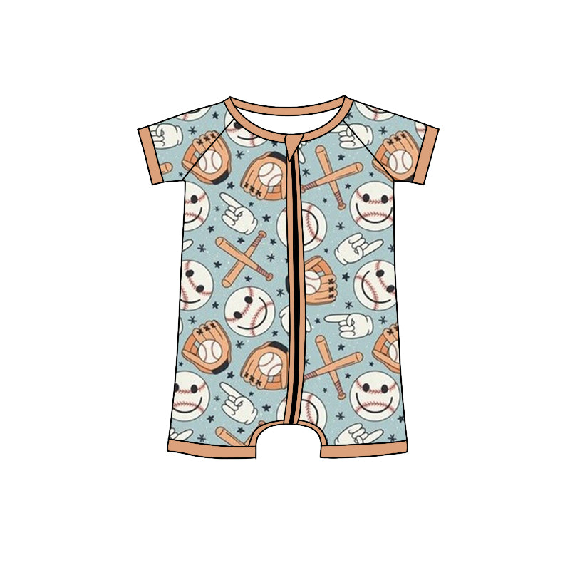 Preorder (moq 5) Baby Boy Romper Smiley Baseball Hand Gesture Print Short Sleeve Zipper Romper