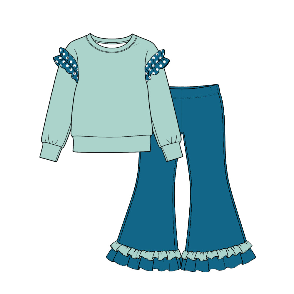 Preorder (moq 5) Baby Girl Clothes Sage Teal Blue Polka Dot Ruffle Accent Long Sleeve Flare Pant Set