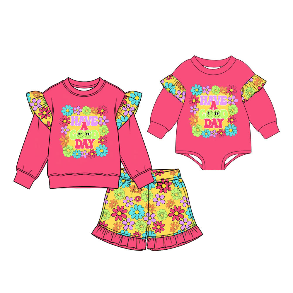 Preorder (moq 5) Baby Clothes Have A Good Day Floral Ruffle Long Sleeve Bodysuit