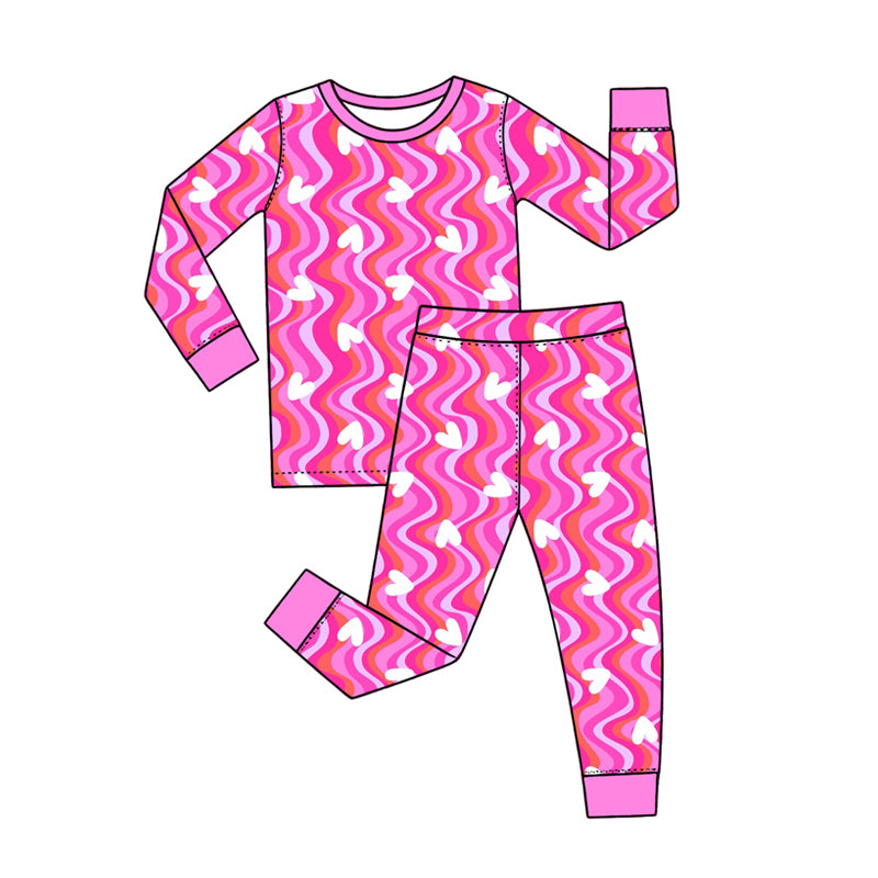 Preorder (moq 5) Baby Girl Clothes Wavy Pink Stripe White Heart Print Long Sleeve Top Pant Pajama Set