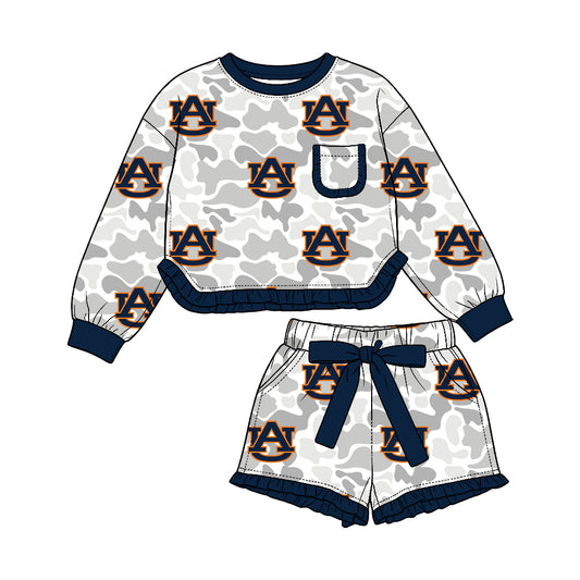 Preorder (moq 5) Auburn Baby Girl Clothes Grey Camo Logo Print Long Sleeve Ruffle Top Ruffle Shorts Outfit Set