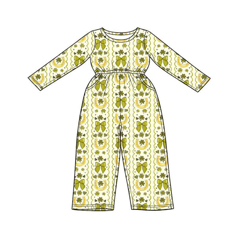Preorder (moq 5) Baby Girl Clothes St Patricks Day Horseshoe Clover Bow Print Long Sleeve Waist Jumpsuit