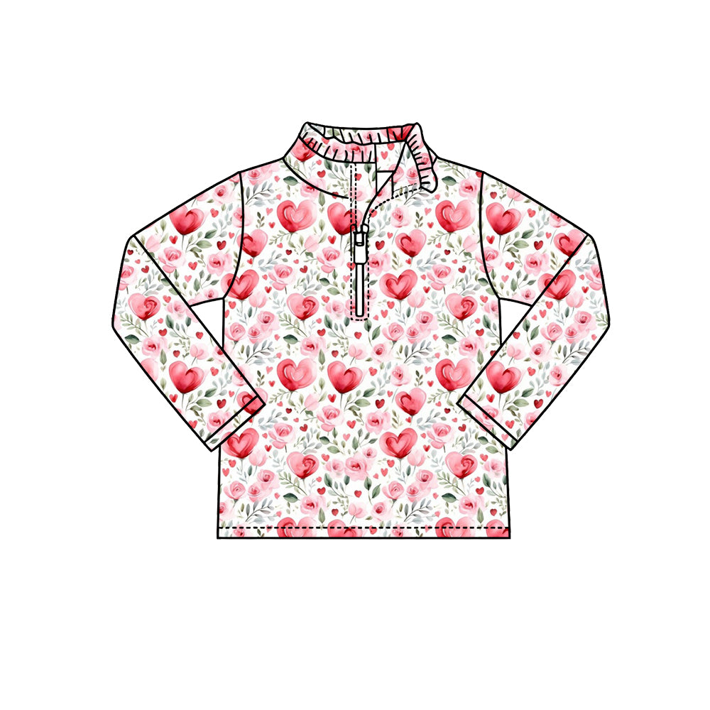 Preorder (moq 5) Baby Girl Clothes Watercolor Red Heart Floral Print Long Sleeve Half Zip Top