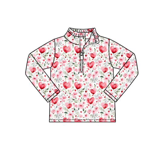 Preorder (moq 5) Baby Girl Clothes Watercolor Red Heart Floral Print Long Sleeve Half Zip Top