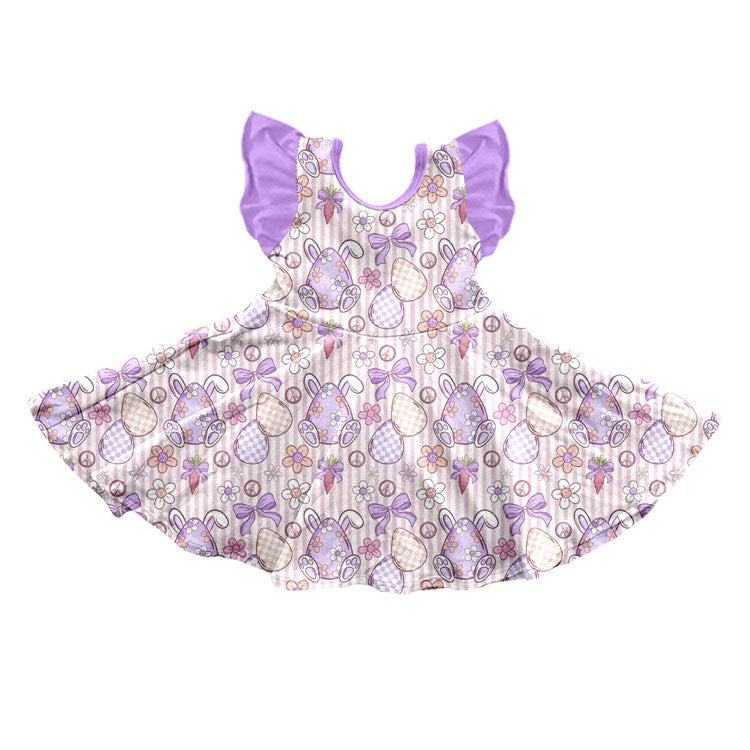 Preorder (moq 5) Baby Girl Clothes Easter Bunny Egg Bow Stripe Print Flutter Sleeve Twirl Dress