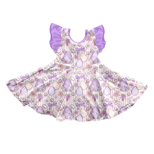 Preorder (moq 5) Baby Girl Clothes Easter Bunny Egg Bow Stripe Print Flutter Sleeve Twirl Dress