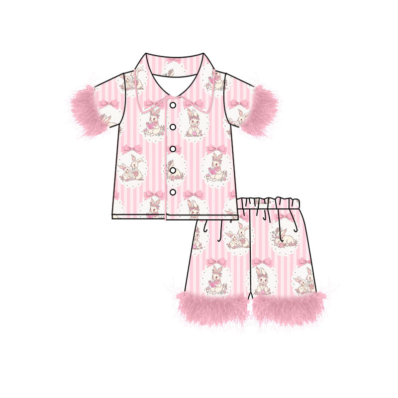 Preorder (moq 5) Baby Girl Clothes Easter Bunny Bow Pink Stripe Print Feather Trim Short Sleeve Pajama Set