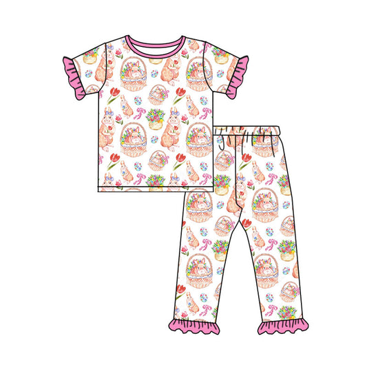 Preorder (moq 5) Baby Girl Clothes Easter Bunny Flower Basket Tulip Print Short Sleeve Ruffle Tee Ruffle Pant Set