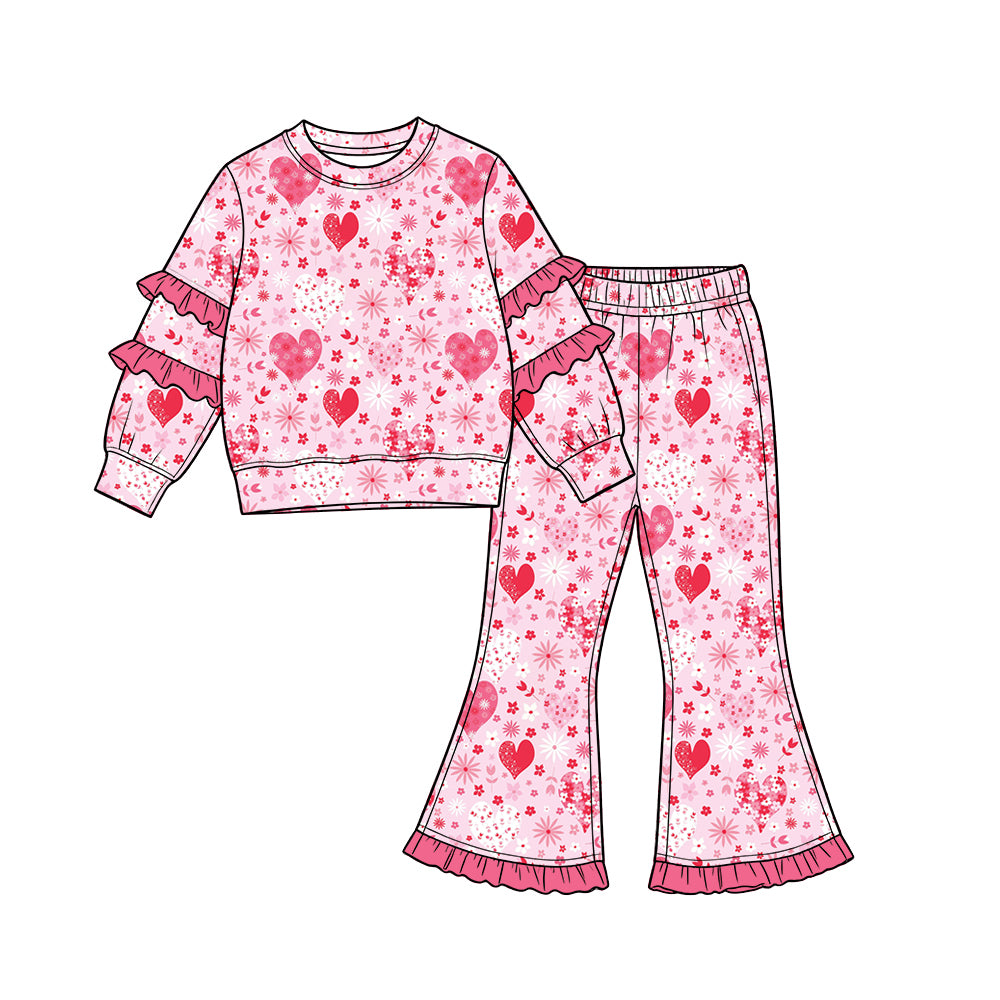 Preorder (moq 5) Baby Girl Clothes Pink Heart Firework Allover Print Long Sleeve Ruffle Sleeve Flare Pant Set