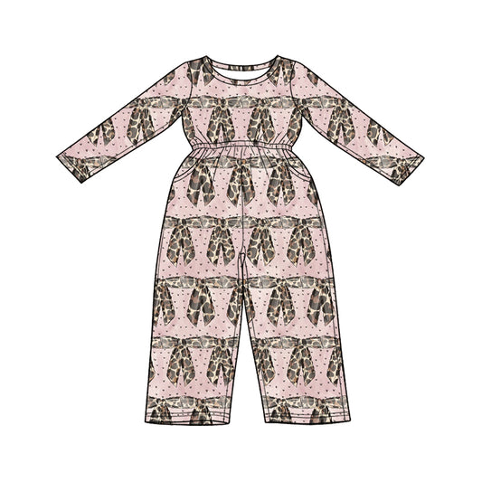 Preorder (moq 5) Baby Girl Clothes Pink Leopard Bow Heart Allover Print Long Sleeve Elastic Waist Jumpsuit