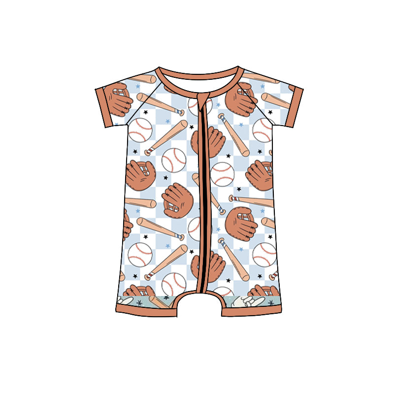 Preorder (moq 5) Baby Boy Romper Blue Checker Baseball Glove Bat Print Short Sleeve Zipper Romper