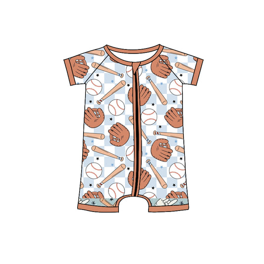 Preorder (moq 5) Baby Boy Romper Blue Checker Baseball Glove Bat Print Short Sleeve Zipper Romper