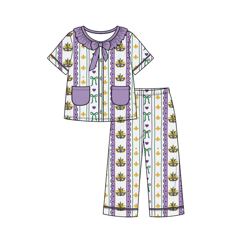 Preorder (moq 5) Girls Mardi Gras Pajamas Striped Mask Bow Heart Print Ruffle Collar Bow Short Sleeve Top Long Pants Set