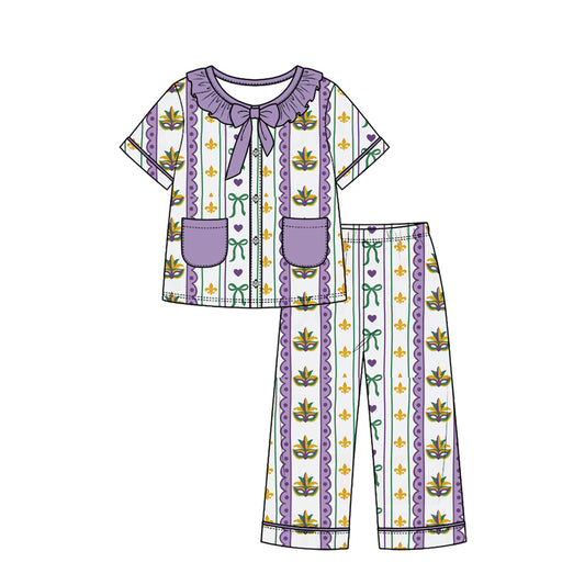 Preorder (moq 5) Girls Mardi Gras Pajamas Striped Mask Bow Heart Print Ruffle Collar Bow Short Sleeve Top Long Pants Set