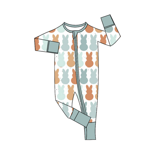 Preorder (moq 5) Baby Boy Clothes Easter Boho Bunny Silhouette Print Long Sleeve Zipper Romper