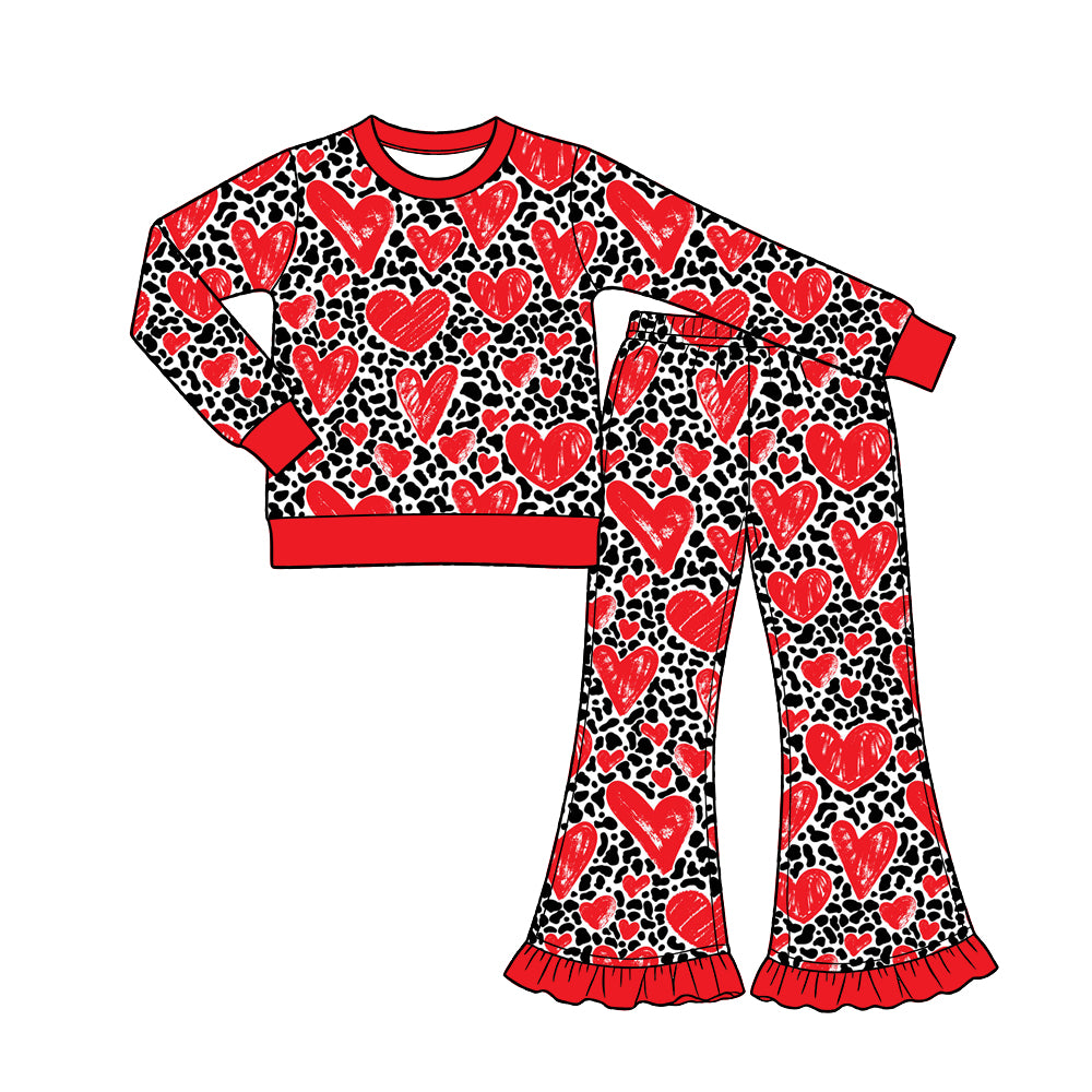 Preorder (moq 5) Baby Girl Clothes Valentine Black Leopard Red Hand Drawn Heart Print Long Sleeve Ruffle Flare Pant Set