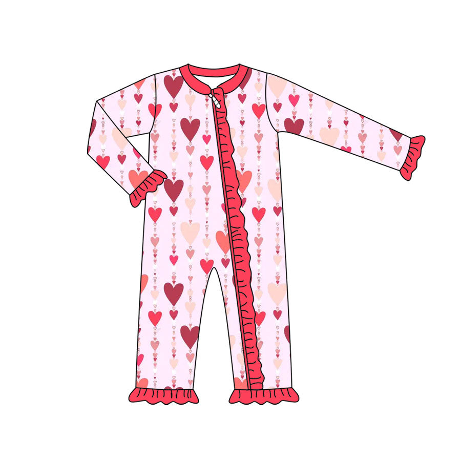 Preorder (moq 5) Baby Girl Clothes Valentine Gradient Heart String Mixed Print Long Sleeve Zipper Ruffle Romper
