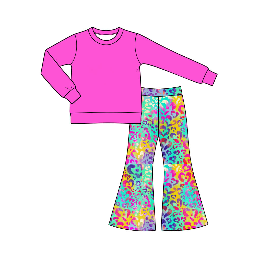 Preorder (moq 5) Baby Girl Clothes Rainbow Tie Dye Heart Leopard Print Long Sleeve Top Flare Pant Set