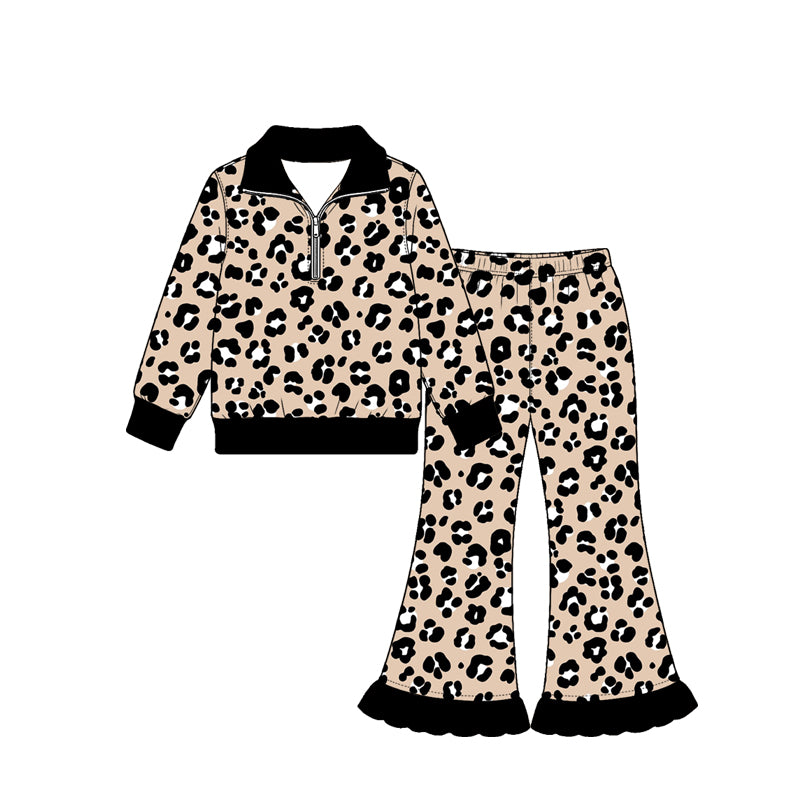 Preorder (moq 5) Baby Girl Clothes Black Trim Classic Leopard Print Long Sleeve Half Zip Top Ruffle Flare Pant Set