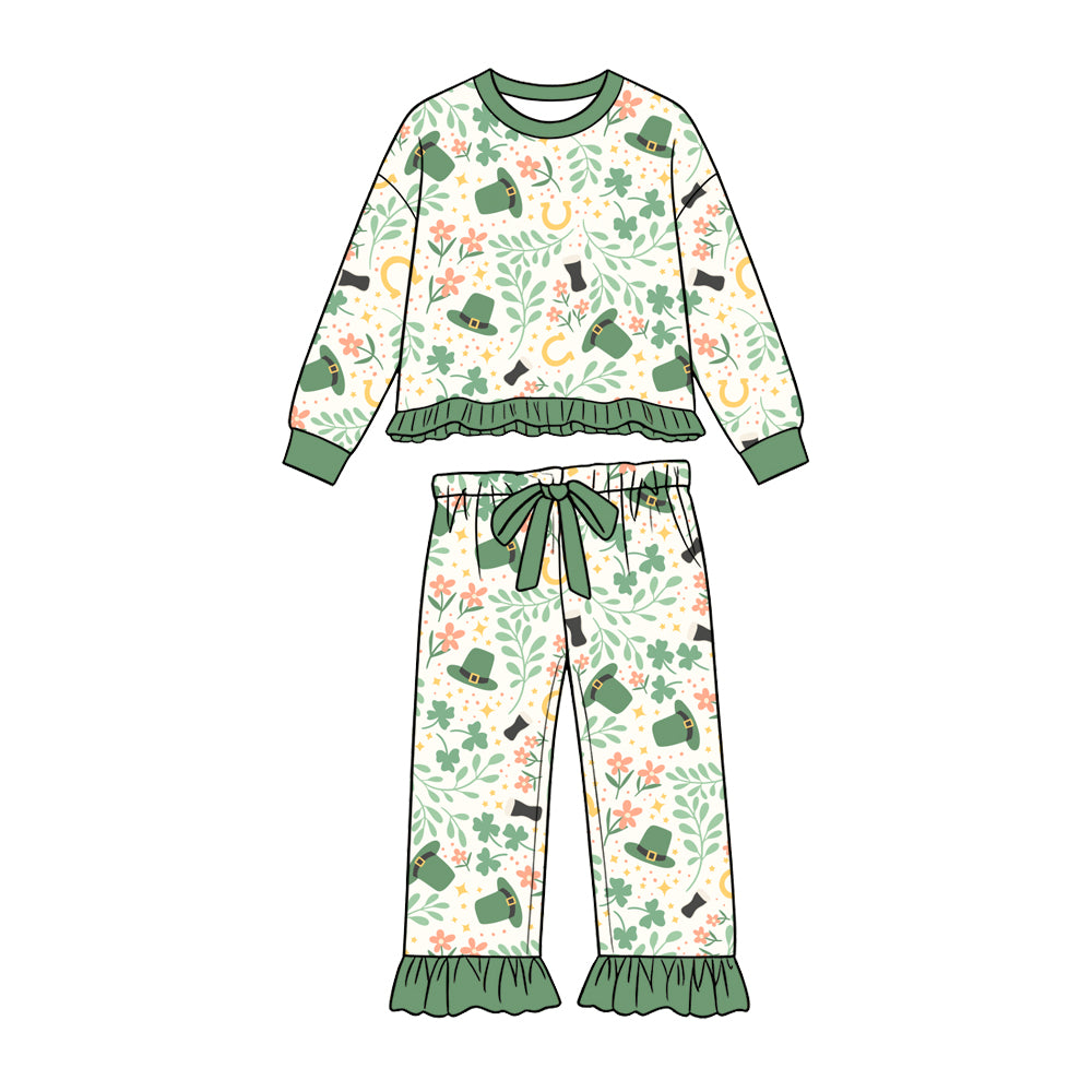 Preorder (moq 5) Baby Girl Clothes St Patrick Shamrock Floral Print Long Sleeve Ruffle Top Pant Set