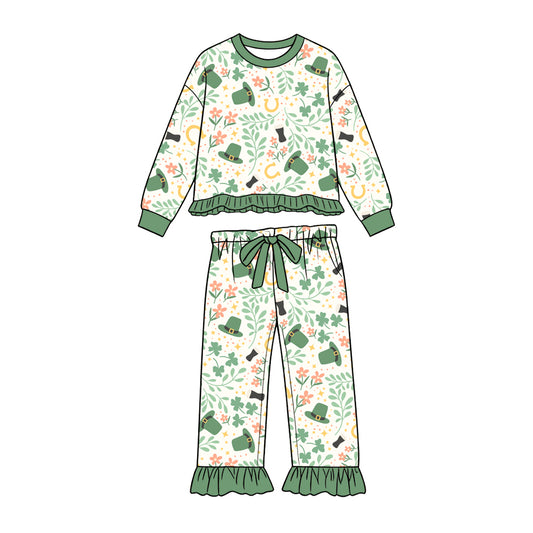 Preorder (moq 5) Baby Girl Clothes St Patrick Shamrock Floral Print Long Sleeve Ruffle Top Pant Set
