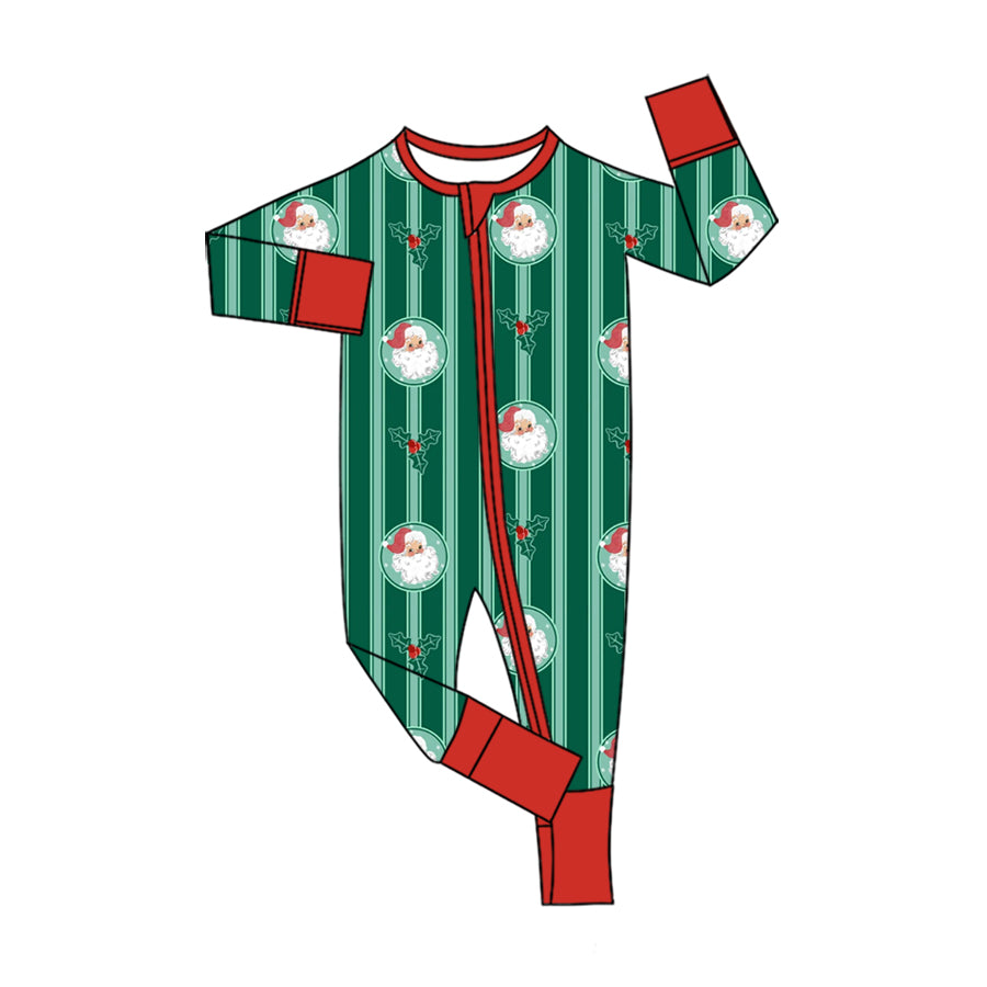 Preorder (moq 5) Baby Clothes Christmas Santa Holly Stripe Print Long Sleeve Zipper Romper