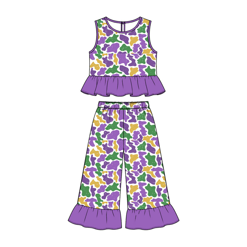 Preorder (moq 5) Baby Girl Clothes Mardi Gras Purple Green Gold Cow Spot Mixed Print Sleeveless Ruffle Flare Pant Set