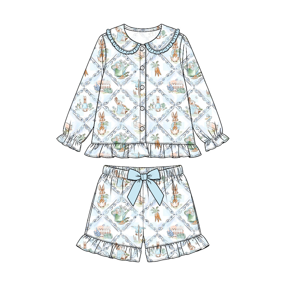 Preorder (moq 5) Baby Girl Clothes Garden Bunny Carrot Diamond Grid Print Long Sleeve Ruffle Collar Short Pajama Set