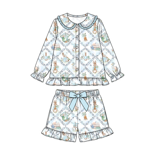 Preorder (moq 5) Baby Girl Clothes Garden Bunny Carrot Diamond Grid Print Long Sleeve Ruffle Collar Short Pajama Set