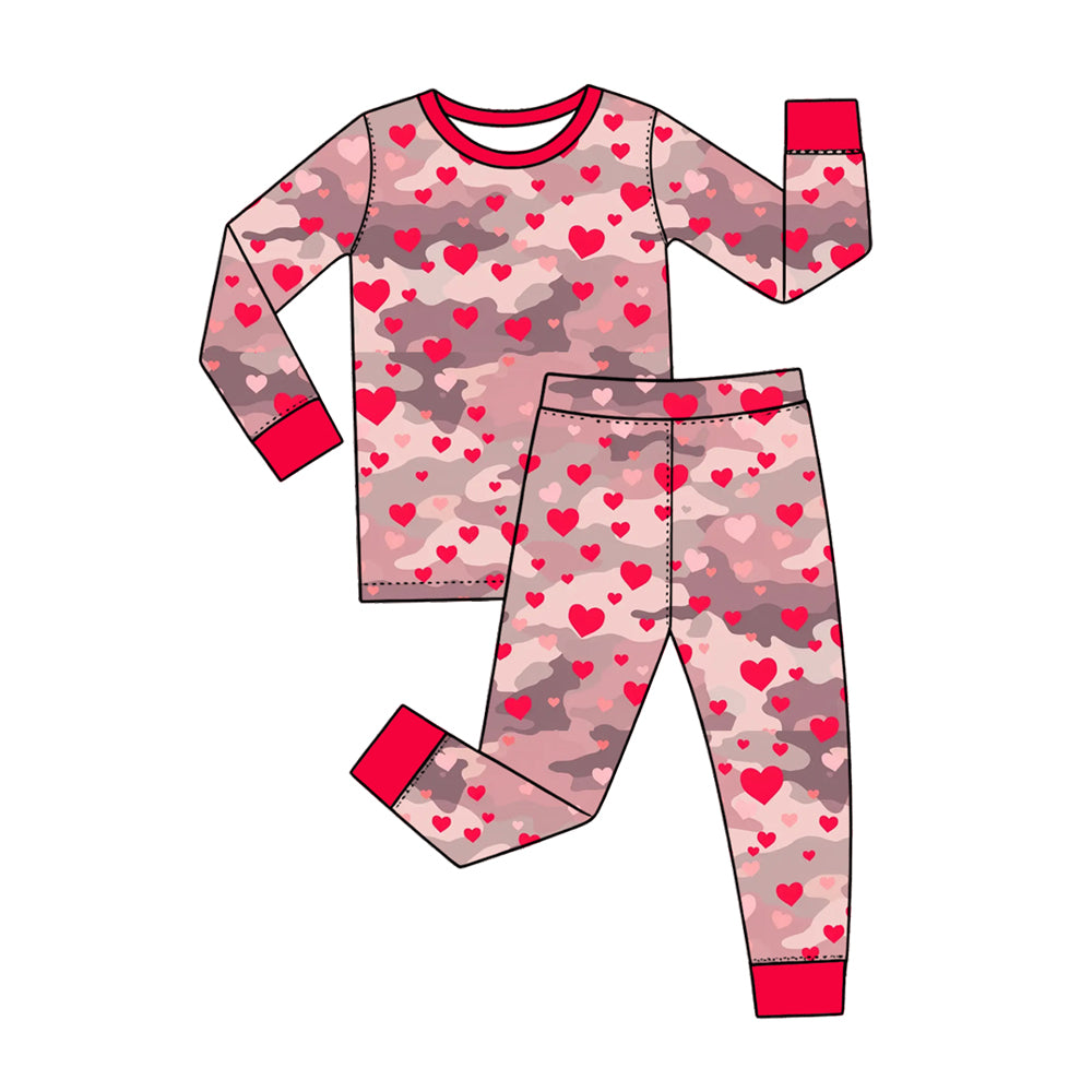 Preorder (moq 5) Baby Girl Clothes Dusty Camo Red Heart Mixed Print Long Sleeve Pajama Pant Set