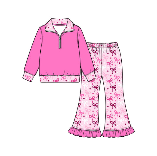 Preorder (moq 5) Baby Girl Clothes Pink Multi Bow Dots Print Long Sleeve Half Zip Top Ruffle Flare Pant Set