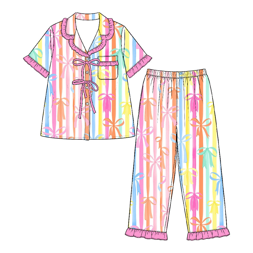 Preorder (moq 5) Baby Girl Clothes Rainbow Stripe Bow Mixed Print Short Sleeve Ruffle Pajama Set