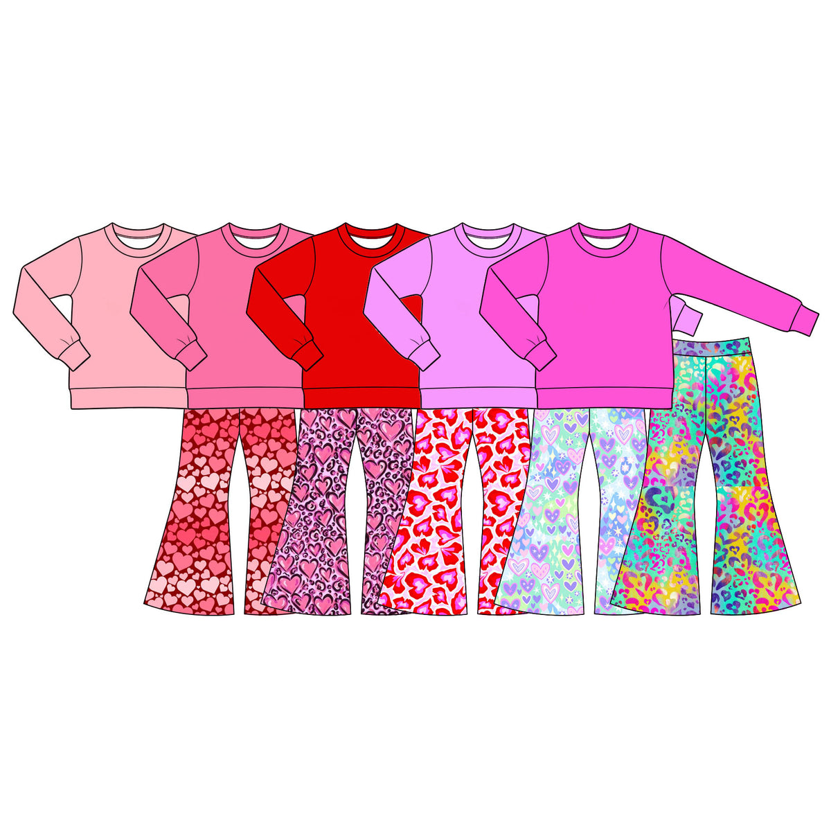 Preorder (moq 5) Baby Girl Clothes Valentine Heart Leopard Mixed Print Long Sleeve Top Flare Pant Set