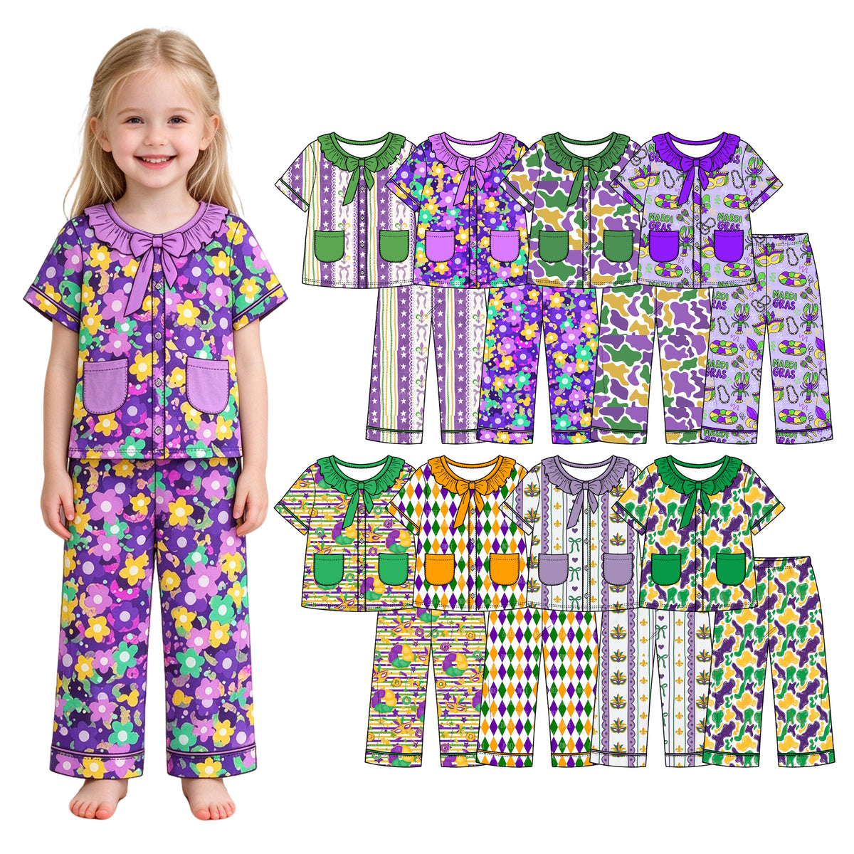 Preorder (moq 5) Girls Mardi Gras Pajamas Purple Green Gold Stripe Fleur De Lis Print Ruffle Collar Bow Short Sleeve Top Long Pants Set