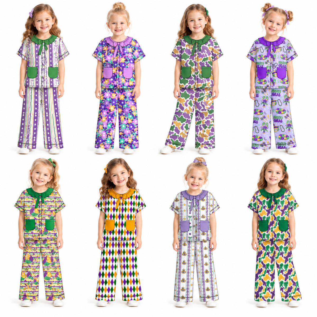 Preorder (moq 5) Girls Mardi Gras Pajamas Mask Crawfish Beads Print Ruffle Collar Bow Short Sleeve Top Long Pants Set