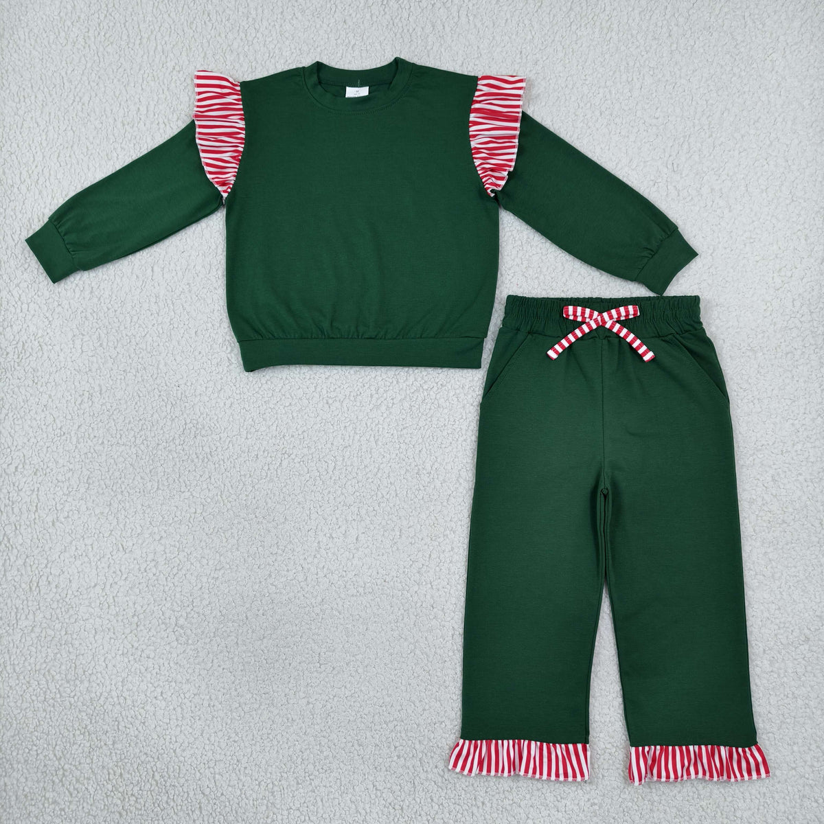 NO MOQ RTS GLP3703-bundle Baby Girl Clothes Solid Dark Green Red White Stripe Ruffle Long Sleeve Top Wide Leg Pant Set 202610