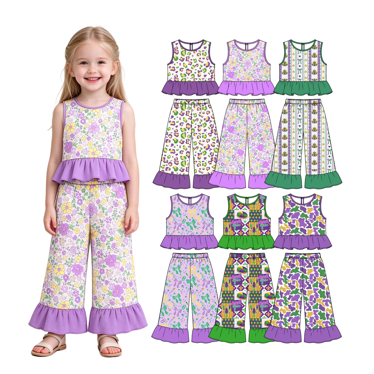 Preorder (moq 5) Baby Girl Clothes Mardi Gras Purple Green Gold Leopard Mixed Print Sleeveless Ruffle Flare Pant Set