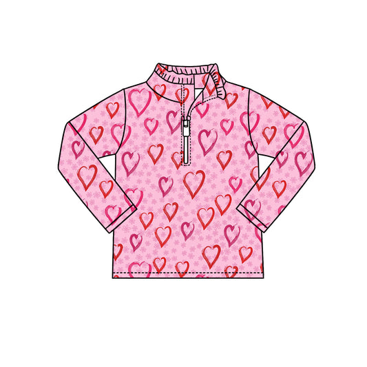 Preorder (moq 5) Baby Girl Clothes Sketch Red Heart Print Long Sleeve Half Zip Top