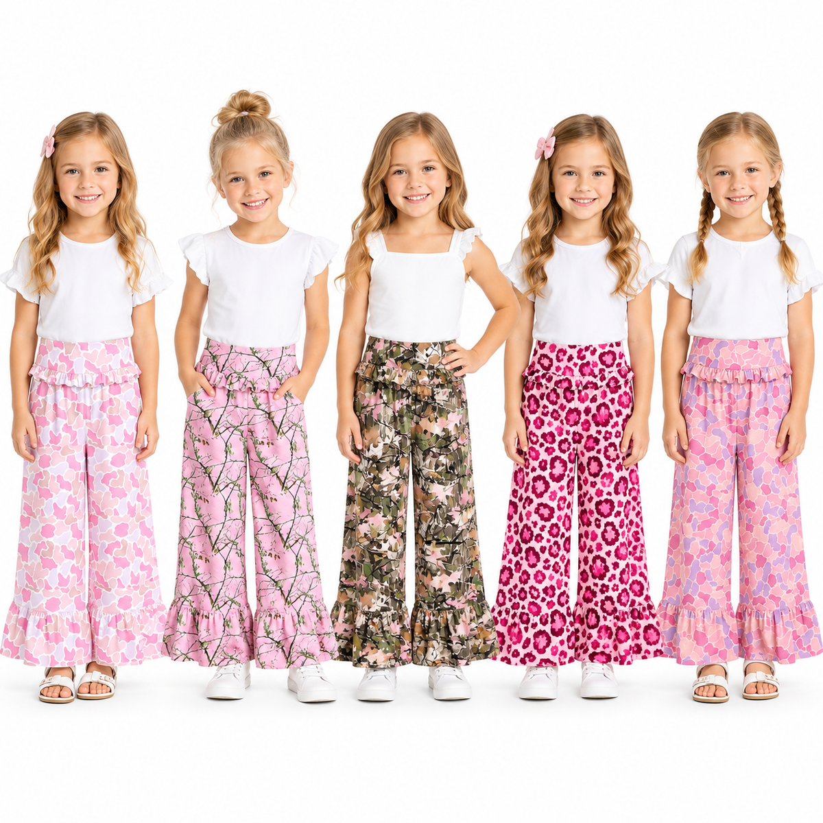 Preorder (moq 5) Baby Girl Clothes Pink Brown Leaf Camo Print Ruffle High Waist Flare Pant