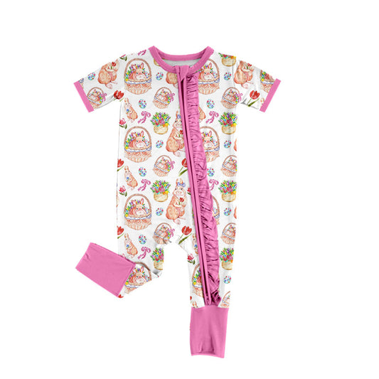 Preorder (moq 5) Baby Girl Clothes Easter Bunny Flower Basket Tulip Print Short Sleeve Zipper Ruffle Romper