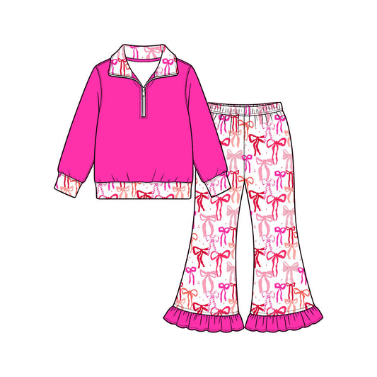 Preorder (moq 5) Baby Girl Clothes Hot Pink Mixed Bow Print Long Sleeve Half Zip Top Ruffle Flare Pant Set