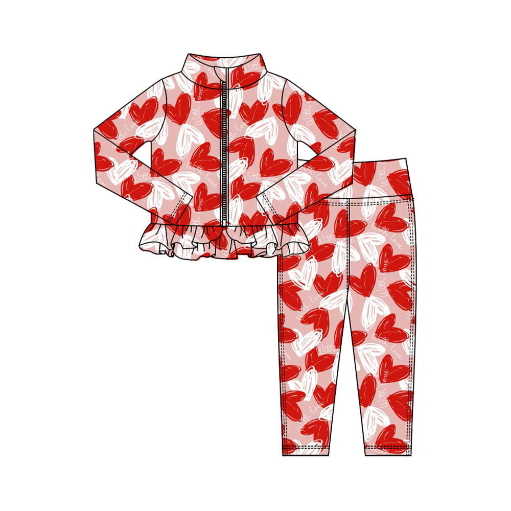 Preorder (moq 5) Baby Girl Clothes Valentine Sketch Red Heart Print Long Sleeve Zipper Ruffle Rash Guard Set