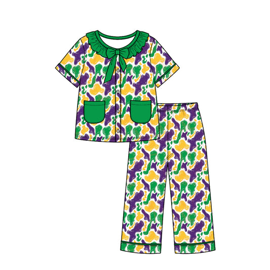 Preorder (moq 5) Girls Mardi Gras Pajamas Abstract Cow Print Ruffle Collar Bow Short Sleeve Top Long Pants Set