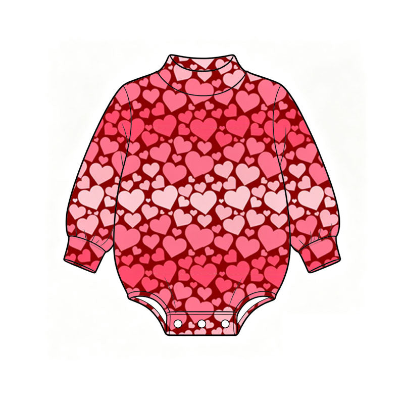 Preorder (moq 5) Baby Girl Clothes Valentine Red Pink Heart Mixed Print Long Sleeve Bubble Romper