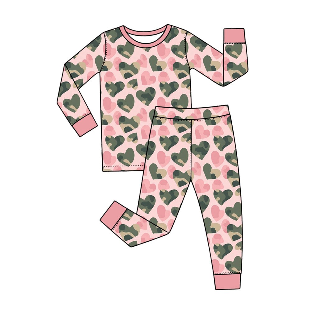 Preorder (moq 5) Baby Girl Clothes Pink Base Camo Heart Mixed Print Long Sleeve Pajama Pant Set