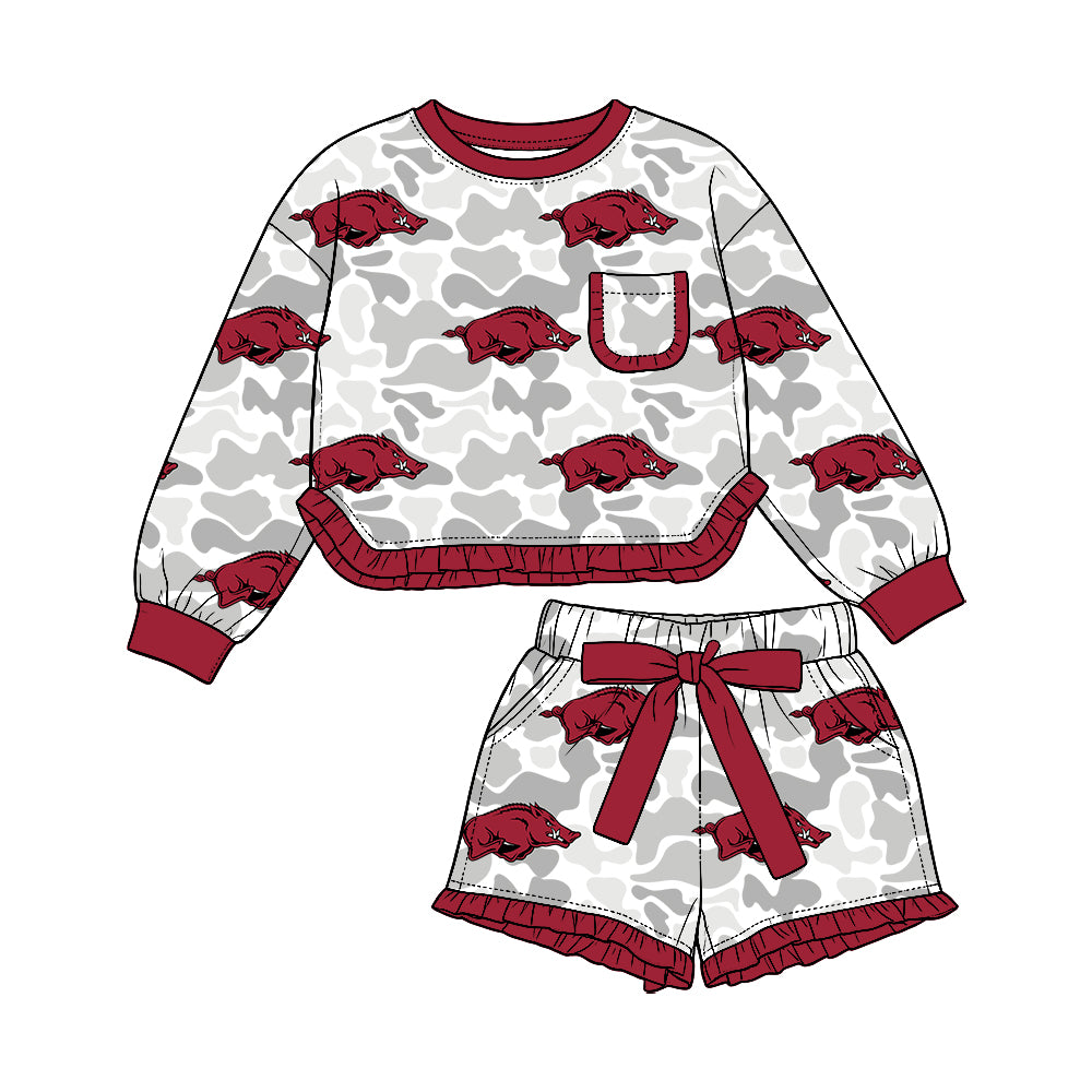 Preorder (moq 5) Arkansas Baby Girl Clothes Grey Camo Logo Print Long Sleeve Ruffle Top Ruffle Shorts Outfit Set