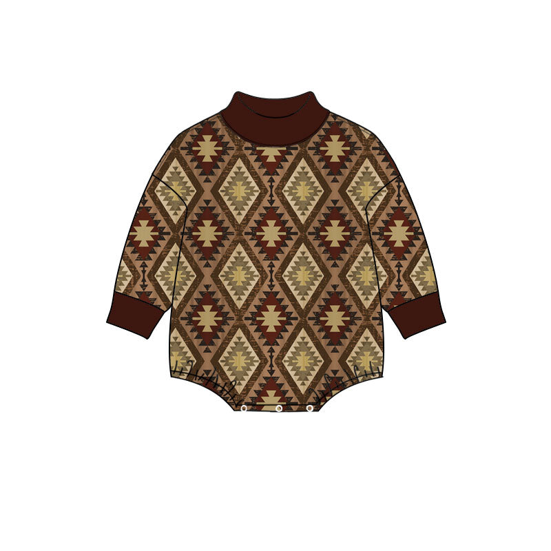 Preorder (moq 5) Baby Boy Clothes Dark Brown Western Aztec Print Long Sleeve Mock Neck Bubble Romper