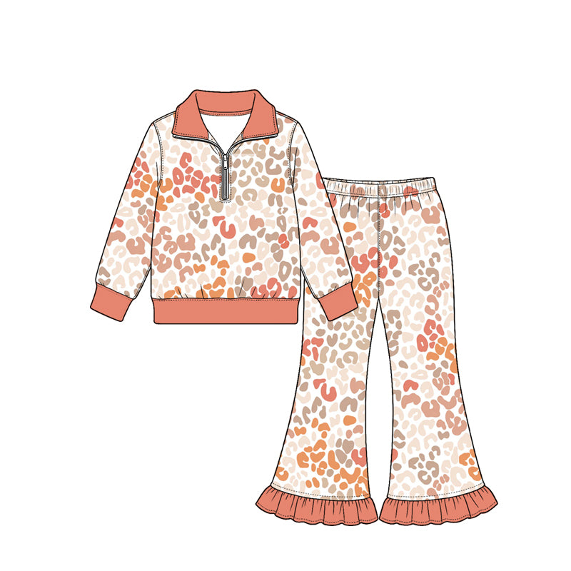 Preorder (moq 5) Baby Girl Clothes Terracotta Trim Neutral Leopard Print Long Sleeve Half Zip Top Ruffle Flare Pant Set